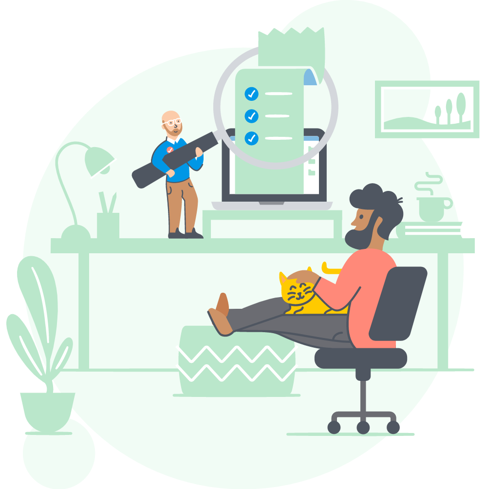 A man with a beard sits in a chair with his feet up and a cat on his lap. He is looking at a computer with a turbotax employee holding a magnifying glass up to view a checklist