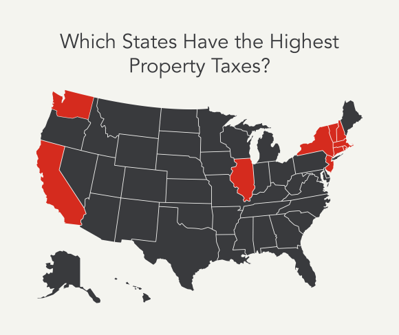 Image of a US map with the states with the highest property taxes highlighted.