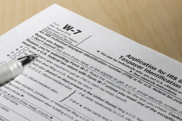 Close-up of IRS form W-7, an Application for an individual taxpayer identification number.
