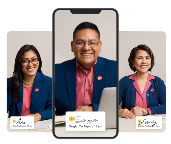 An image showing three tax experts—Ana (13 years), Sergio (18 years), and Liberty (10 years)