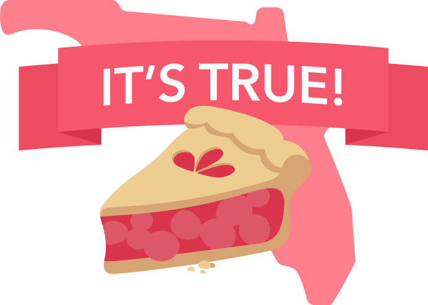 An illustration of the state of Florida with an overlaid banner that reads 'IT'S TRUE!' and a slice of pie