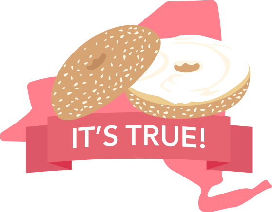 An illustration of the state of New York with an overlaid banner that reads 'IT'S TRUE!' and a bagel with cream cheese