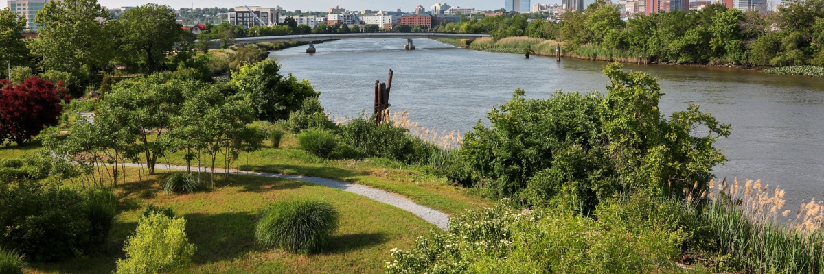 Overlooking Wilmington riverfront area from Russell Peterson Wildlife Refuge in Wilmington, Delaware