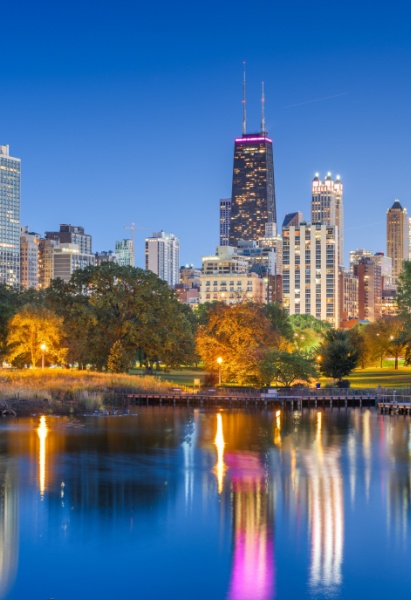 Chicago, Illinois, USA downtown skyline from Lincoln Park at night.