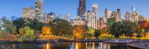 Chicago, Illinois, USA downtown skyline from Lincoln Park at night.