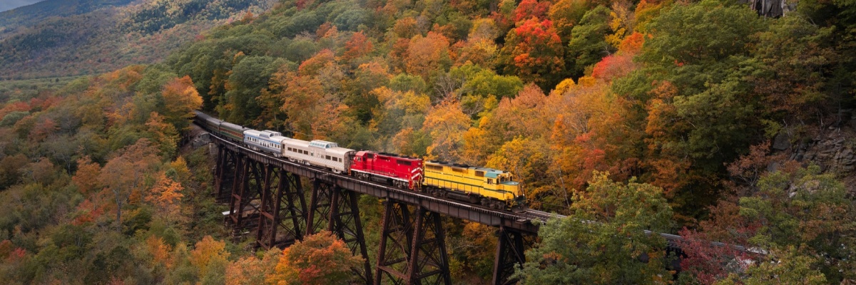 Scenic train at Trestle bridge in North Conway in Autumn, New Hampshire