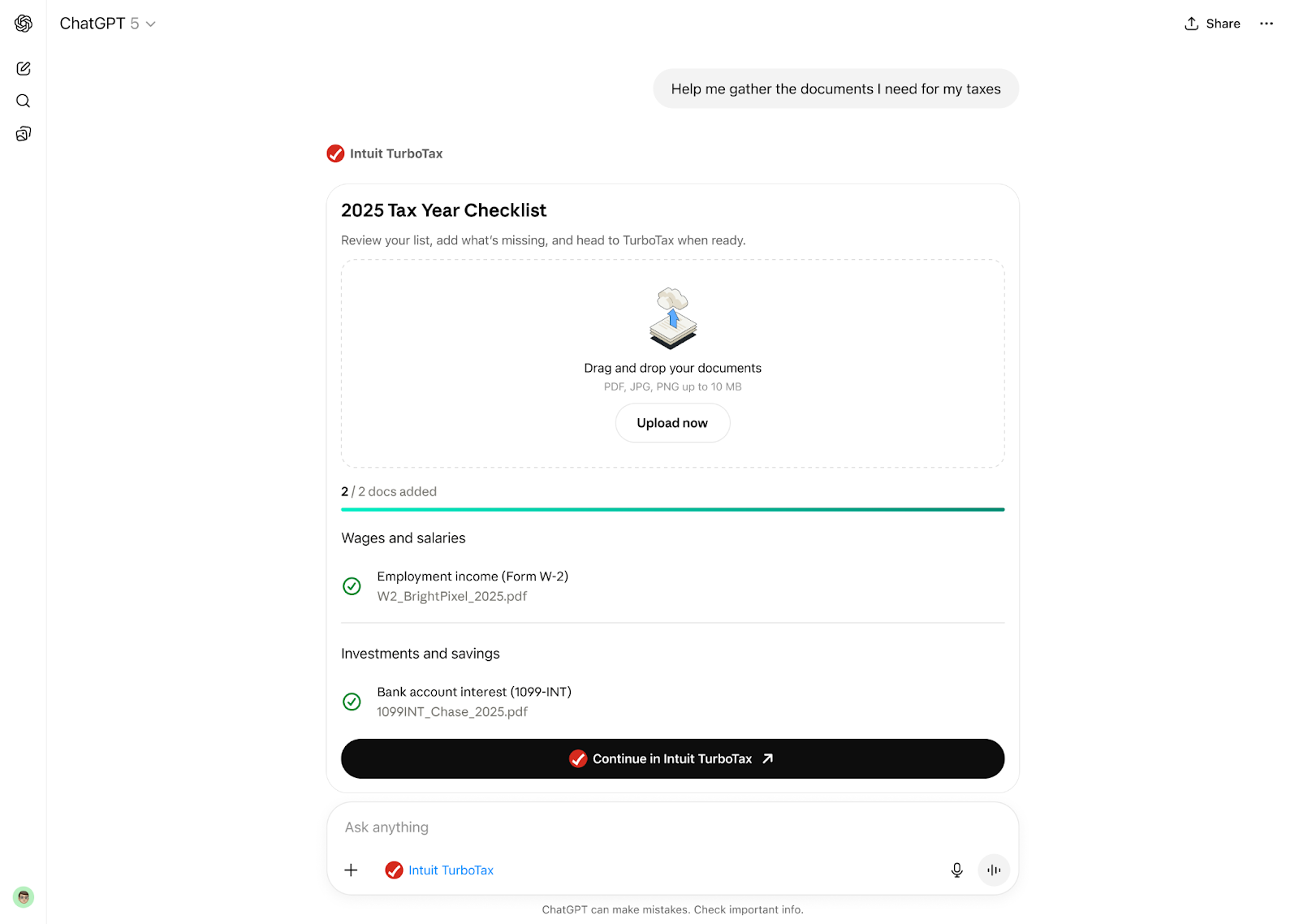 Capture d'écran de l'application TurboTax dans ChatGPT affichant une liste de contrôle personnalisée des documents fiscaux en fonction de la situation fiscale de l'utilisateur