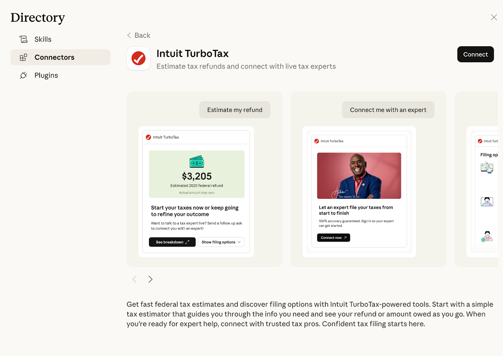 Capture d'écran de la page du connecteur TurboImpôt dans Claude.ai avec le 